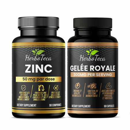 Pack HerboTeca : flacon de Zinc 50 mg par dose, 90 comprimés, et flacon de Gelée Royale 300 mg par portion, 90 capsules
