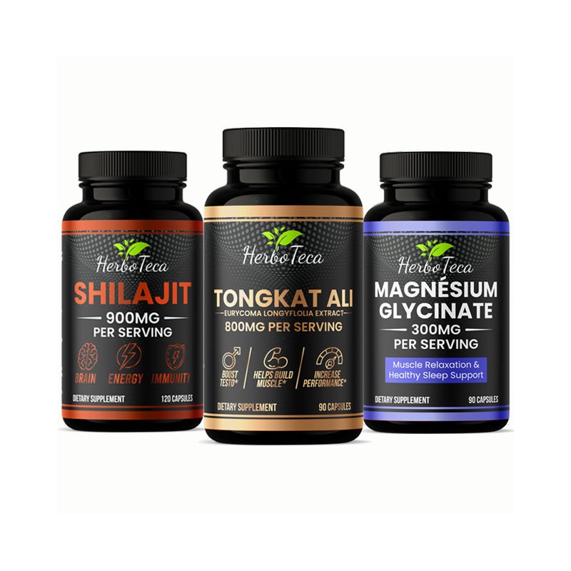 Pack Vitalité et Force Naturelle – Tongkat Ali 800mg, Magnésium Glycinate 300mg & Pure Shilajit 900mg – Herboteca