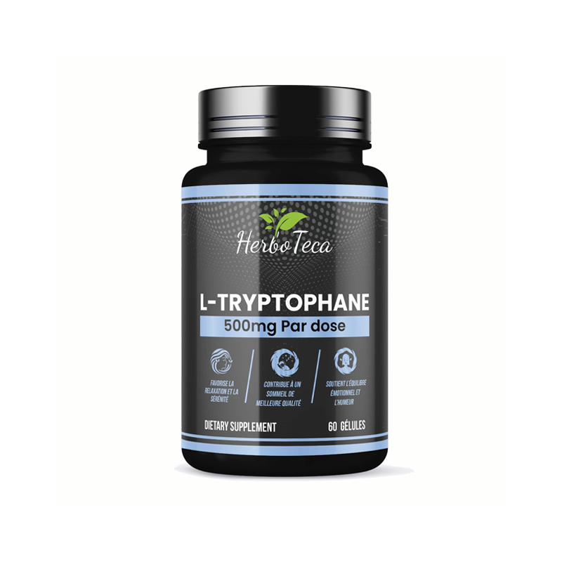 Flacon de L-Tryptophane HerboTeca 500 mg par gélule, 60 gélules, vue de face