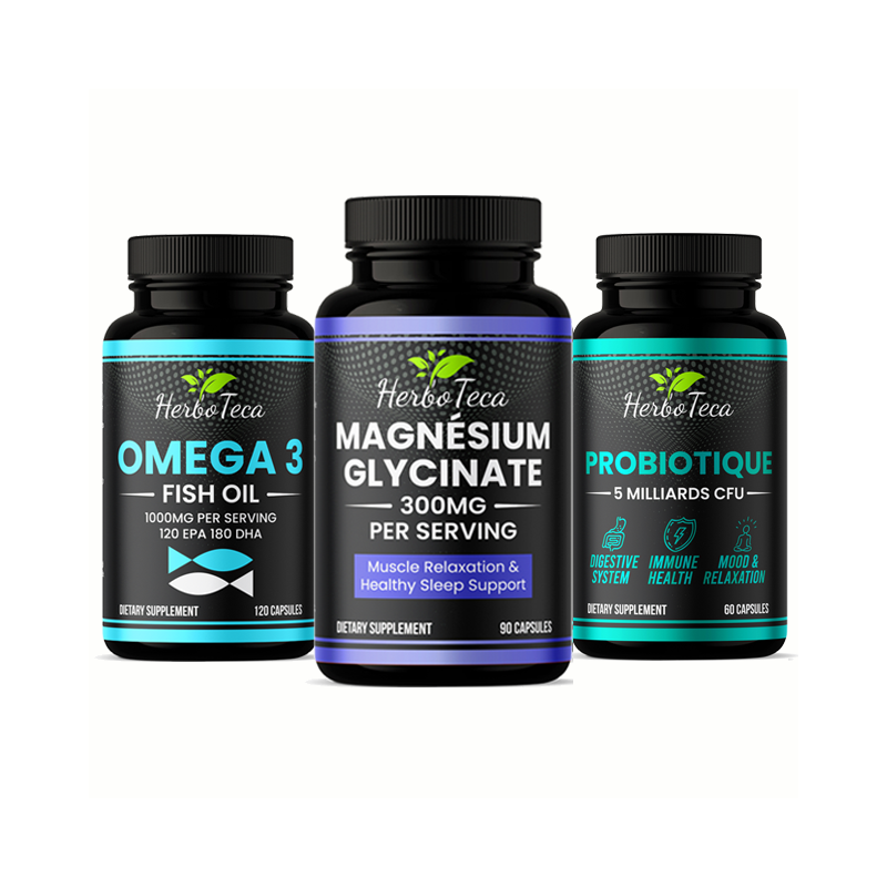 Pack Bien-être Total – Magnésium Glycinate 300mg, Oméga 3 1000mg, Probiotique 5 Milliards CFU