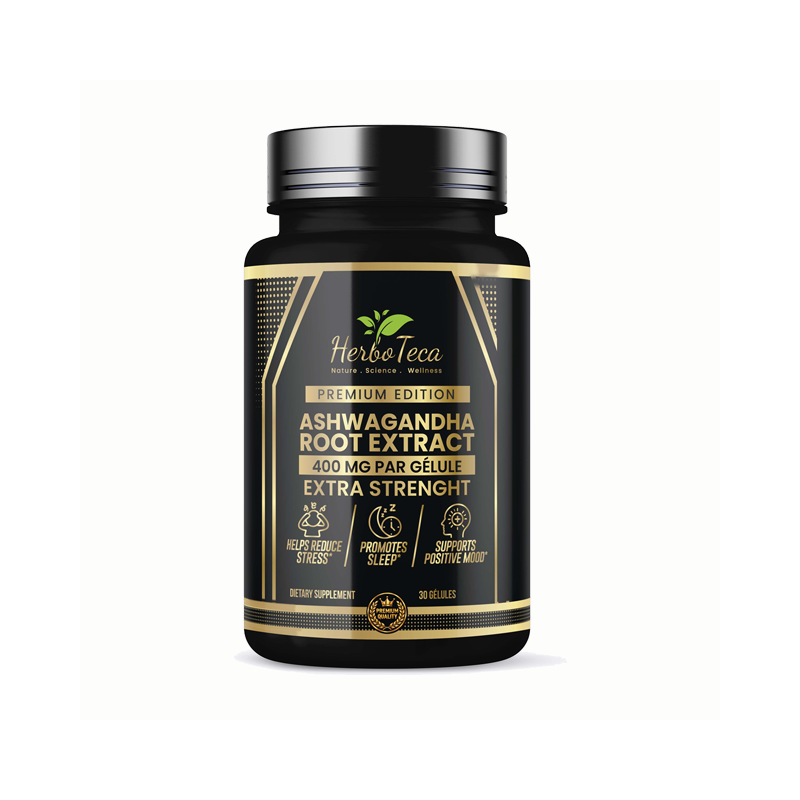 Flacon d’Ashwagandha Premium Edition HerboTeca, extrait de racine 400 mg par gélule, 30 gélules, vue de face