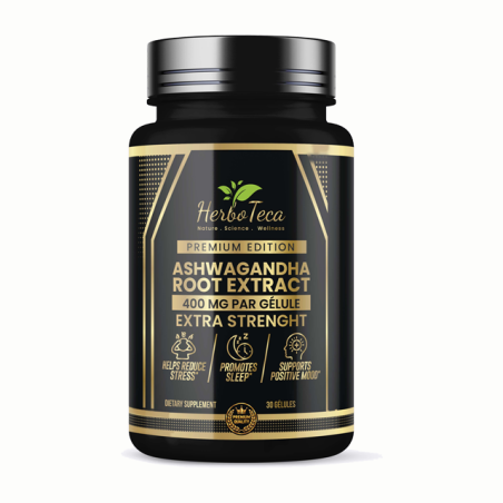 Flacon d’Ashwagandha Premium Edition HerboTeca, extrait de racine 400 mg par gélule, 30 gélules, vue de face