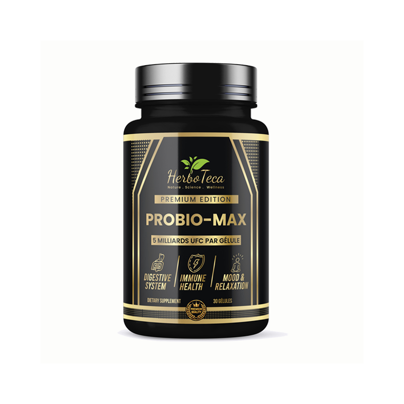 Flacon de Probio-Max Premium Edition HerboTeca, probiotique 5 milliards UFC par gélule, 30 gélules, vue de face