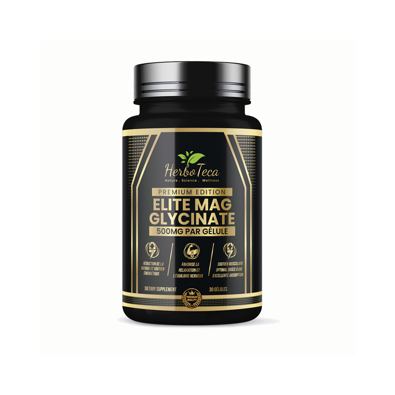 Flacon d’Elite Mag Glycinate Premium Edition HerboTeca, magnésium 500 mg par gélule, 30 gélules, vue de face