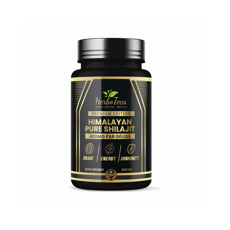 Flacon de Shilajit Premium Edition HerboTeca, 400 mg par gélule, 30 gélules, vue de face
