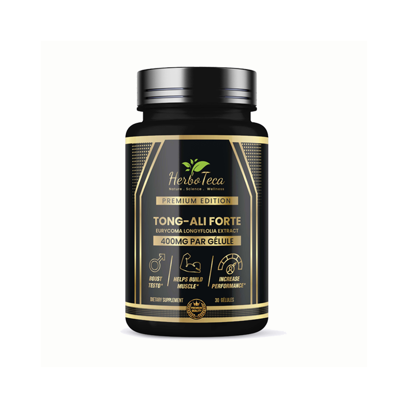 Flacon de Tongkat Ali Forte Premium Edition HerboTeca, extrait d’Eurycoma longifolia 400 mg par gélule, 30 gélules, vue de face