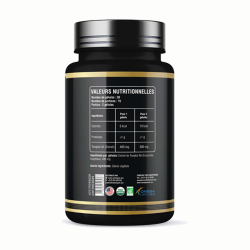 Flacon de Tongkat Ali Forte Premium Edition HerboTeca, vue arrière avec tableau de valeurs nutritionnelles