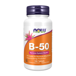 Vitamine B-50 NOW Foods – Complexe de vitamines B pour énergie, métabolisme et système nerveux, 100 comprimés végétaliens.