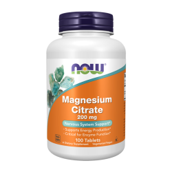 Magnesium Citrate 200 mg NOW Foods – Soutient la santé musculaire, osseuse et nerveuse, 180 comprimés végétaliens.