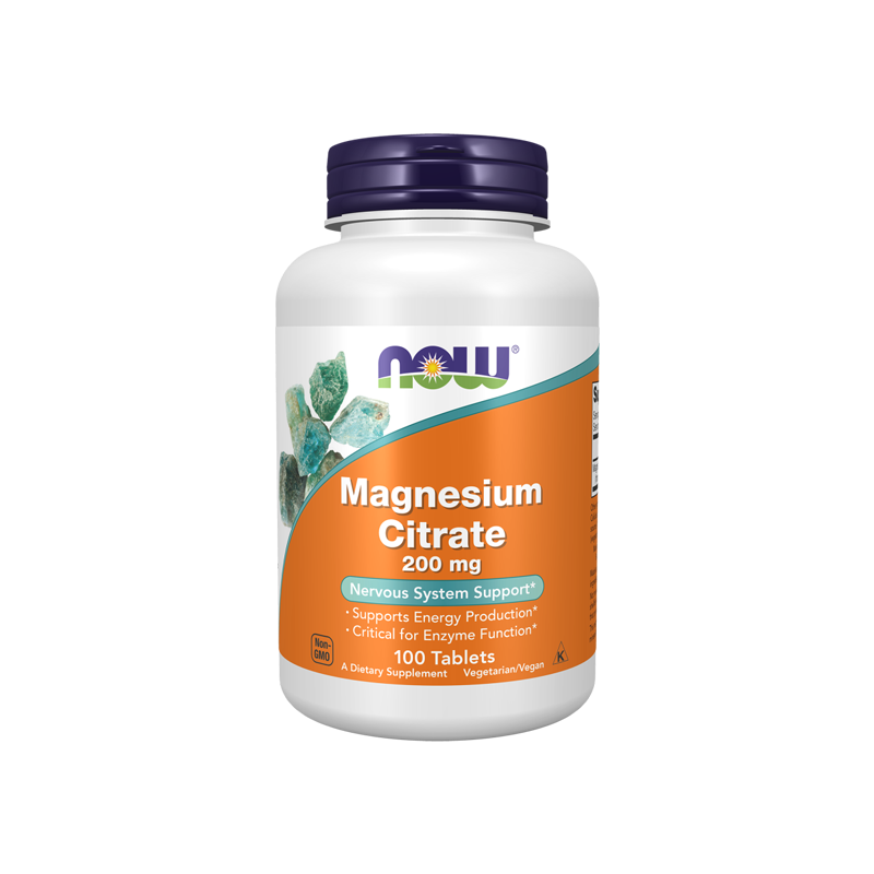 Magnesium Citrate 200 mg NOW Foods – Soutient la santé musculaire, osseuse et nerveuse, 180 comprimés végétaliens.